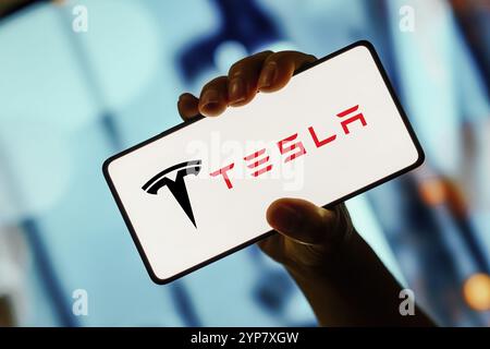 In dieser Abbildung wird das Tesla-Logo auf einem Smartphone-Bildschirm angezeigt Stockfoto