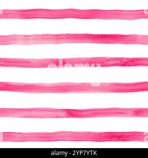 Aquarellpinke Streifen auf weißem Hintergrund. Nahtloses Streifenmuster. Handgezeichnete Streifen in Aquarellfarben. Druck für Stoffdesign, Textil, Stoff, Stockfoto