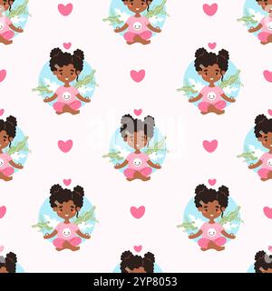Nahtloses Muster mit niedlichem afro-amerikanischem Mädchen Kind, das in Lotuspose sitzt und Blätter auf weißem Hintergrund mit rosa Herzen hat. Vektorillustra Stock Vektor