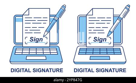 Digitale elektronische Signatur, Online-Geschäftsdokument Text Papier handsigniert. E-Signature-Schreiben mit Eingabestift auf dem Symbol des Laptopgeräts Stock Vektor