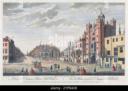 Ein gedruckter Farbstich der allgemeinen Ansicht des St James's Palace Pall Mall London im Jahr 1751, Herausgeber Robert Sayer und Thomas Bowles Skyline aus dem 18. Jahrhundert und historische Perspektive der Stadt, graviert alte antike Aquarelldrucke Stockfoto