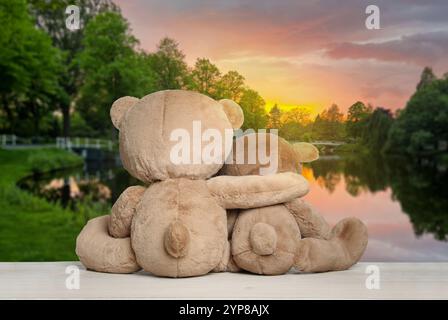 Umarmende Teddybären auf hölzernem Boden mit Blick auf die malerische Landschaft, Rückansicht Stockfoto