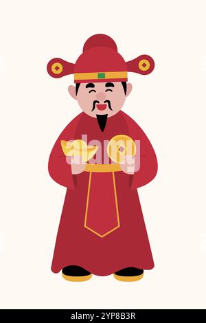 Netter chinesischer Gott des Reichtums isolierter chinesischer Gott des Reichtums, der Goldbarren-flache Vektor-Stock-Illustration hält. Frohes chinesisches Neujahr. Stock Vektor