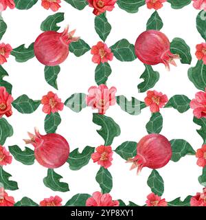 Granatapfelblüten, Blätter und Früchte Aquarell nahtloses Karomuster isoliert auf weiß. Das handgemalte, lebendige Kunstwerk eignet sich perfekt für Botanik Stockfoto