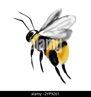 Hummel Aquarellillustration. Ein Insekt mit schwarzen und gelben Streifen. Eine Hummel fliegt. Skizzendarstellung. Für Blumenmuster Stockfoto