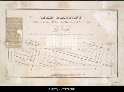 Karte des Grundstücks im 12. Bezirk der Stadt New York, das zum Anwesen von John Taylor gehört: Zur Auktion durch Jas. Bleecker & Sons im Merchts. Umtausch am Dienstag, den 1. April 1834 um 12:00 Uhr. 1834 Stockfoto