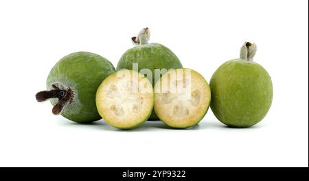 Ein Nahaufnahme-Bild frischer, grüner Feijoa-Früchte, sowohl ganz als auch in Scheiben, die ihre Textur und leuchtende Farbe vor einem sauberen weißen Rücken zeigen Stockfoto