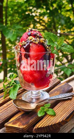 Wassermelonen-Dessert mit Minze auf hölzernem Hintergrund Stockfoto