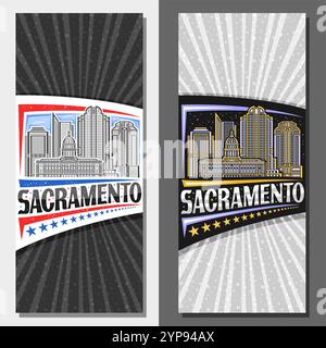 Vektor vertikale Layouts für Sacramento, dekorative Ticket mit Linienillustration der sacramento Stadtlandschaft am Tag und Abenddämmerung Himmel Hintergrund, Kunstdesign t Stock Vektor