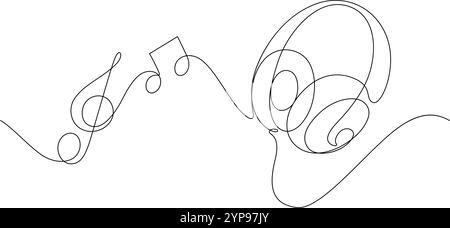 Kopfhörer mit einer Zeile, die durchgehende Kabel mit Notennotiz zeichnet. Dünne Ohrhörer, Illustration, Musik-Entertainment-Konzept Stock Vektor