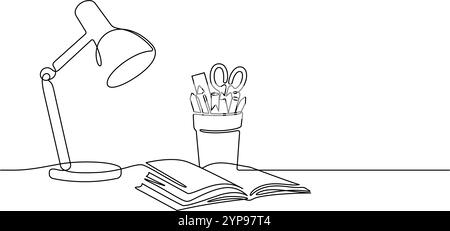 Öffnen Buch, Lampe und Bleistifthalter Arbeitsplatz Schreibtisch Organizer eine Linie Zeichnung Vektor Illustration minimalistische Kunst zurück zur Schule Konzept Stock Vektor