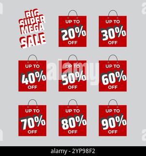 Aufkleberset im Angebot. Aufkleber mit Rabatt in Prozent. Preisschild Tasche. Bis zu Prozent Rabatt. Rabatt in Prozent für rote Etiketten. Isoliert auf weißem Hintergrund Stock Vektor