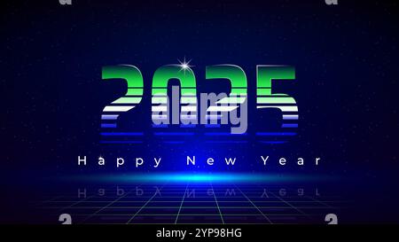 Frohes Neues Jahr 2025, 25. Neujahrsgrußkarte. Futuristisches Retro-Tech-Design im Stil der 80er Jahre. Neonfarbe. Grüne und blaue Zahlen 2025, Sternenhimmel zurück Stock Vektor