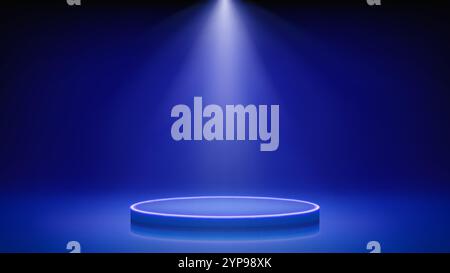 Spotlight beleuchtet futuristische Bühne mit Podium. Blauer Raum, runder Podiumsockel mit Neon-LED, Spotlight. Hintergrund für Produkte, Präsentation Stock Vektor