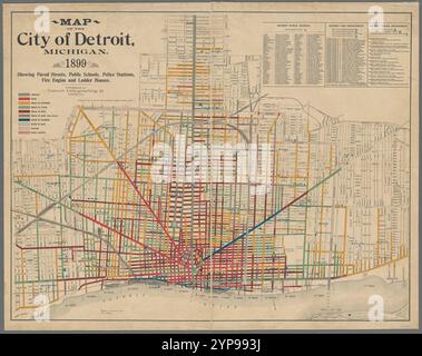 Karte der Stadt Detroit, Michigan, 1899 : mit gepflasterten Straßen, öffentlichen Schulen, Polizeistationen, Feuerwehrfahrzeugen und Leiterhäusern 1899 von Calvert Lithographing Co. (Detroit, mich.) Stockfoto