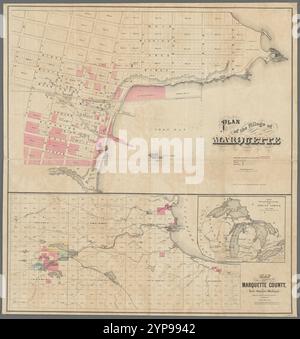Plan des Dorfes Marquette. Karte eines Teils von Marquette County, Lake Superior, Michigan : Eisenbahnverbindungen der Minen, mit dem See &c. 1880 Stockfoto
