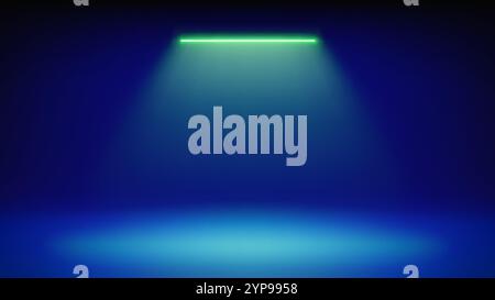 Futuristischer blauer Bühnenhintergrund. Raum beleuchtet durch Neonlicht, moderne grüne LED-Spots. Minimalistisches Hintergrunddesign zur Präsentation von Produkten Stock Vektor
