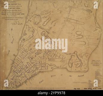 An seine Exzellenz George Clinton Esqr. Captain General und Governur in Chief des Staates New York und der davon abhängigen Territorien, Kanzler und Vize-Admiral desselben, dieser Plan der Stadt New York und ihrer Umgebung ist demütig von den Gehorsamsten seiner Exzellenz gewidmet. Bescheidener Diener, John Hills 1857 Stockfoto