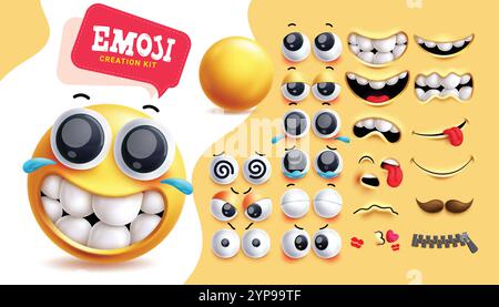 Emoji Creation Kit Clipart 3D Zeichensatz. Emoji editierbares Gesicht mit Augen und Mund in Relief, wütend und lustig Ausdruck in abstraktem Hintergrund. Stock Vektor