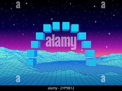Synthwave-Landschaft mit Arc-Toren im Retro-Stil der 80er Jahre. Blaues Gelände mit violettem Himmel und Portal in den Bergen Stock Vektor