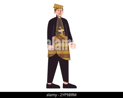 Melayu traditionelle Kleidung Kleid männliche Tradition Kleidung Malaysia Indonesien Kulturerbe Kultur Sumatera Kulturdesign Ikone Set bunt Stock Vektor
