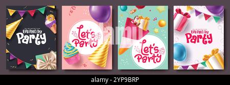 Geburtstagsfeier Clipart-Poster-Set. Happy Birthday Einladungskarte mit Ballons, Partyhut, Wimpeln, Geschenken und Spielzeug Dekorationselementen zum Weinen Stock Vektor
