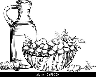 Glasflasche mit Olivenöl mit Kork und einer Holzschale mit Olivenbeeren und Blättern. Vektorabbildung. Karaffe mit Essenssoße. Tintenstrichgrafik Stock Vektor