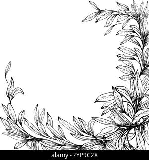 Olivenzweig, keine Früchte mit Blättern. Schwarze Tinte Hand gezeichnete Vektorillustration. Rahmen, Karte. Fruchtloser Rosmarin, Lorbeerblatt-Clipart für Lebensmittel, Produkte Stock Vektor