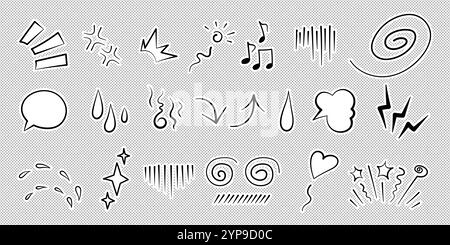 Manga oder Anime Comic Emoticon Element Grafik Effekte Hand gezeichnet Doodle Vektor Illustration Set. Stock Vektor