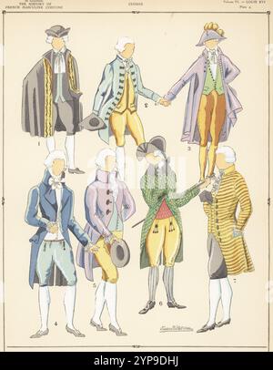 Mäntel und Mäntel aus der Zeit Ludwigs XVI. Von Frankreich. Tracht eines Stellvertreters der Generalstaaten 1,3, Dandy in Fell und Weste 2, dunkelblaues Fell 4, malvenfarbenes Fell mit Stehkragen 5, Fischschuppenmantel 6 und gesticktes Fell 7. Handkolorierte Pochor-Lithographie von Etiennette Moureu aus Paul Louis de Giafferris Geschichte des französischen Männerkostüms von 420 bis 1870, Foreign Publications, New York, 1927. Stockfoto