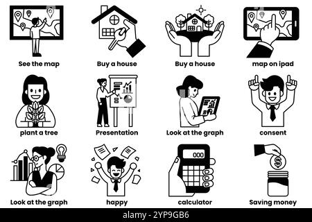 Satz von Illustrationen zum Konzept von Angestellter und Investition in Linienform Stock Vektor