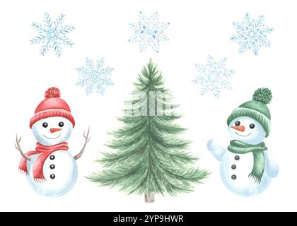 Schneemänner mit Schneeflocken und Weihnachtsbaum, Kiefer. Handgezeichnete Aquarellbilder isoliert. Niedliche Kinderfiguren für Winterferien Stockfoto