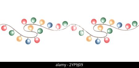 Weihnachtslichter zieren nahtlose Bänder. Handgezeichnete Aquarellillustration. Glühende festliche Glühbirnen hängen. Neujahr, Geburtstagsfeiertage endlos Stockfoto