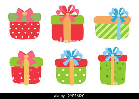 Geschenkboxen mit Bändern und Schleifen. Illustration farbenfroher Geschenkboxen für Weihnachten. Stock Vektor