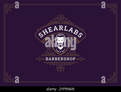 Klassischer Luxus blüht Swirl goldene verzierte Logo Barbershop Design Vorlage Vektor Illustration. Vintage-Scroll viktorianisches Blumenmotiv Heraldik-Sch Stock Vektor