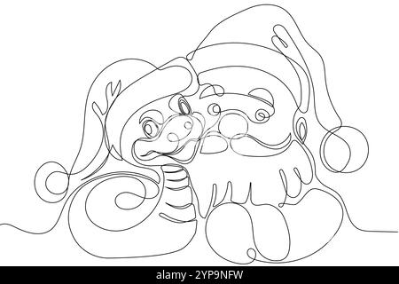 Niedlicher Cartoon Weihnachtsmann und grüne Schlange stehen neben den Winterbäumen mit Weihnachtsgeschenken. Cartoon Santa Claus mit Schlange auf blauem Hintergrund. Vektorabbildung Stock Vektor