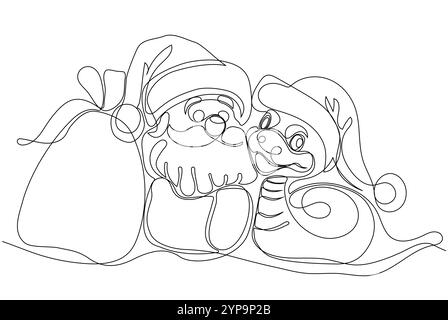 Niedlicher Cartoon Weihnachtsmann und grüne Schlange stehen neben den Winterbäumen mit Weihnachtsgeschenken. Cartoon Santa Claus mit Schlange auf blauem Hintergrund. Vektorabbildung Stock Vektor