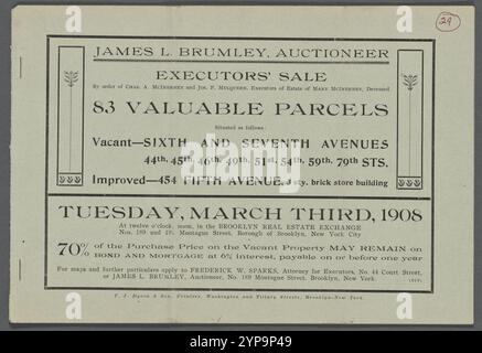 Verkauf des Testamentsvollstreckers auf Bestellung der Chasa. A. McInerney und Jos. P. Mulqueen, Vollstrecker des Nachlasses von Mary McInerney, verstorben. 83 wertvolle Pakete 03.03.1908 Stockfoto