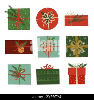Set mit verschiedenen Geschenkboxen für Weihnachten. Handgezeichnete Vektor-Illustration Stock Vektor