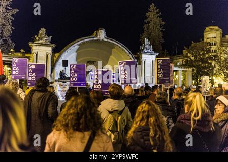 Das Bild zeigt eine überfüllte feministische Demonstration, die in der Nacht vom 9. November 2024 im historischen Zentrum von Logroño, Spanien, stattfindet. Das Protagon Stockfoto