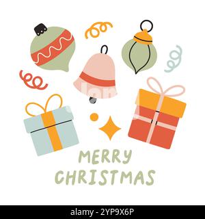 Frohe Weihnachten einfache Karte auf weißem Hintergrund mit handgeschriebenem Text. Flaches Weihnachtsdesign für Poster, Karte, Aufkleber. Stock Vektor