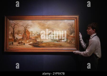 London, Großbritannien. 29. November 2024 JAN BRUEGHEL I (BRÜSSEL 1568-1625 ANTWERPEN) UND JOOS DE MOMPER II (ANTWERPEN C.1564-1635) Eine winterliche Flusslandschaft mit Reisenden auf Wanderwegen. Schätzung: 100.000 GBP – 150 000 GBP. Vorschau auf Old Masters Teil I und II bei Christie's von den Verkäufen der Classic Week. Der Verkauf erfolgt am 3. Dezember Credit. Amer Ghazzal/Alamy Live News Stockfoto