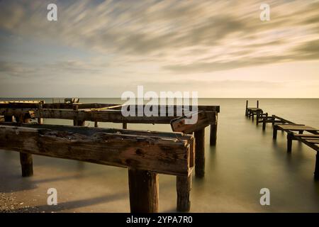 Die Golden Hour wirft ein warmes Leuchten über das vom Hurrikan beschädigte Holz Stockfoto