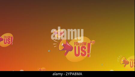 Abbildung: Text „Follow US“ mit Symbolen auf gelbem Hintergrund Stockfoto