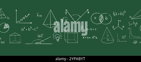 Mathe Doodle Hand gezeichneter Rand, mit Formel, geometrischen Formen, Kreidestruktur. Schulwissenschaftsunterricht. Sehen Sie sich nahtlose Illustration an. Vektorabbildung Stock Vektor