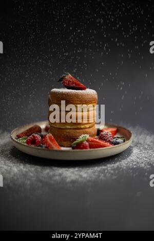 Stapel flauschiger japanischer Pfannkuchen mit frischen Erdbeeren, Himbeeren, Heidelbeeren und Minze auf einem Teller, gekrönt mit Puderzucker, der wie Schnee fällt Stockfoto