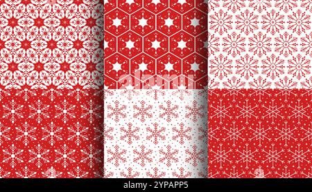 Nahtlose Kollektion mit Merry Christmas-Muster. Nahtloses Set aus rotem, weißem Schneeflocken-Muster. Satz mit 9 Weihnachtshintergründen. Geometrisches Weihnachtsmuster für Fabr Stock Vektor