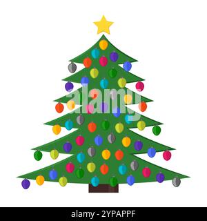 Weihnachtsbaum mit Weihnachtskugeln und einem Stern auf der Spitze. Vektorabbildung. Stock Vektor