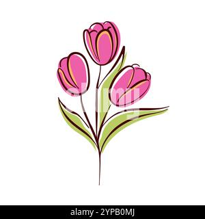 Tulpenblüte mit rosa Blütenblättern in schlichtem, flachem Stil, ideal für Frühlingsthemen, botanische Illustration, Blumenkunst und Designprojekte. Isoliert auf weiß Stock Vektor