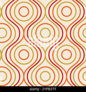 Moderne Kreise aus der Mitte des Jahrhunderts auf ovalen Linien nahtloses Muster in Orange, Rot und Gelb. Für Tapeten, Wohnkultur und Stoff Stock Vektor